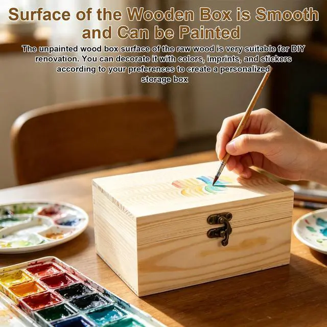 Alt view image 3 of 7 - Unfinished Wooden Box with Hinged Lid Small Unpainted Wood Box for Crafts DIY Storage Jewelry Keepsakes Gift Packaging Unfinished Box 6.7"x5.1"x3.1"