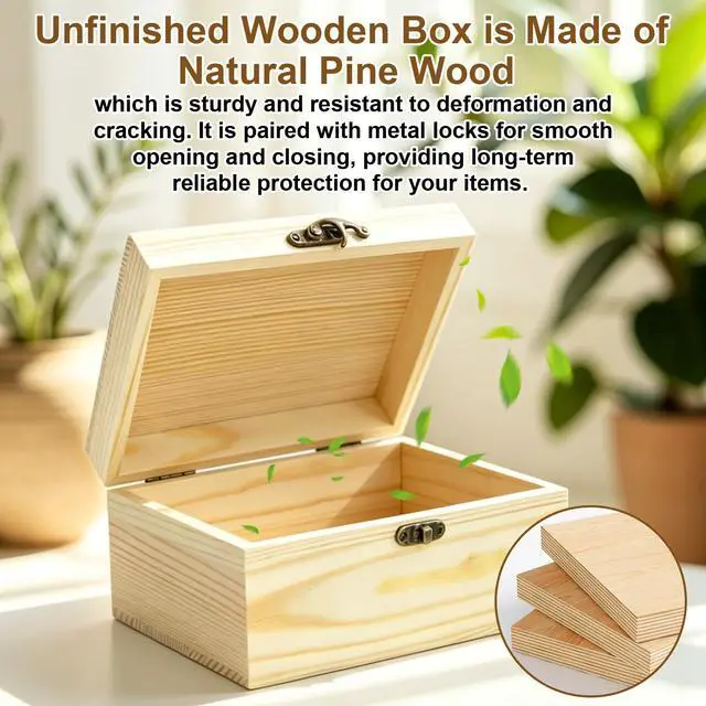 Alt view image 4 of 7 - Unfinished Wooden Box with Hinged Lid Small Unpainted Wood Box for Crafts DIY Storage Jewelry Keepsakes Gift Packaging Unfinished Box 6.7"x5.1"x3.1"