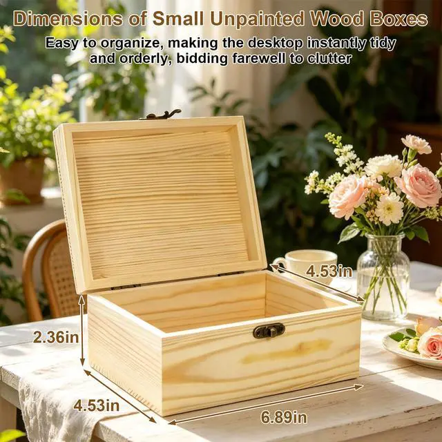 Alt view image 5 of 7 - Unfinished Wooden Box with Hinged Lid Small Unpainted Wood Box for Crafts DIY Storage Jewelry Keepsakes Gift Packaging Unfinished Box 6.7"x5.1"x3.1"
