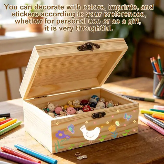 Alt view image 6 of 7 - Unfinished Wooden Box with Hinged Lid Small Unpainted Wood Box for Crafts DIY Storage Jewelry Keepsakes Gift Packaging Unfinished Box 6.7"x5.1"x3.1"