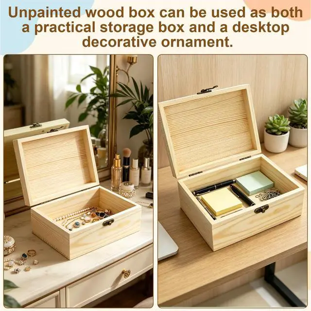 Alt view image 7 of 7 - Unfinished Wooden Box with Hinged Lid Small Unpainted Wood Box for Crafts DIY Storage Jewelry Keepsakes Gift Packaging Unfinished Box 6.7"x5.1"x3.1"