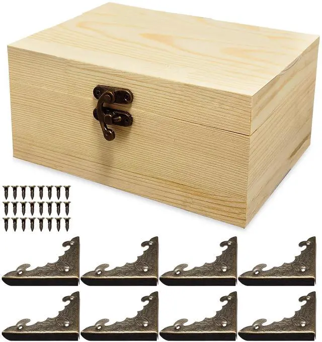 Main image of 6.7"x5.1"x3.1" Unfinished Unpainted Wooden Box with Hinged Lid for Crafts DIY, Storage Jewelry Plain Pine Box with 4 Pcs Retro Style Decorative Corner Protectors