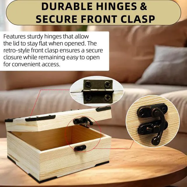 Alt view image 3 of 6 - 6.7"x5.1"x3.1" Unfinished Unpainted Wooden Box with Hinged Lid for Crafts DIY, Storage Jewelry Plain Pine Box with 4 Pcs Retro Style Decorative Corner Protectors