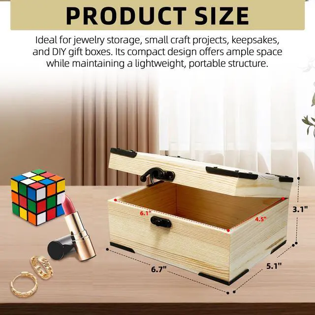 Alt view image 2 of 6 - 6.7"x5.1"x3.1" Unfinished Unpainted Wooden Box with Hinged Lid for Crafts DIY, Storage Jewelry Plain Pine Box with 4 Pcs Retro Style Decorative Corner Protectors