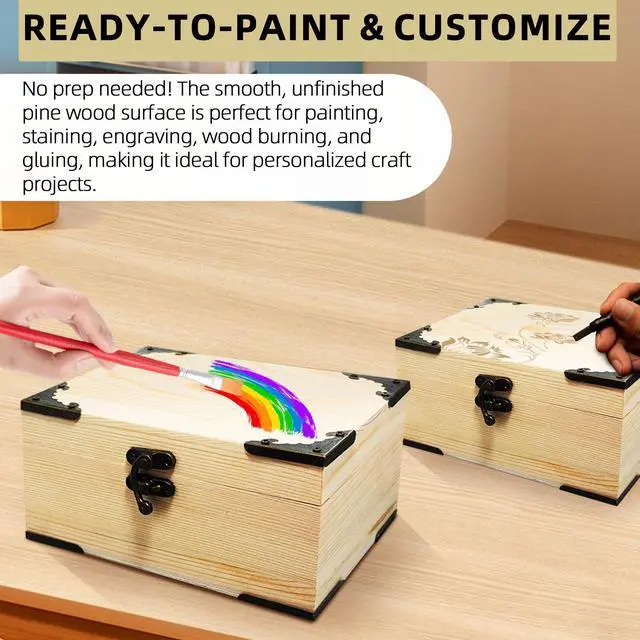Alt view image 5 of 6 - 6.7"x5.1"x3.1" Unfinished Unpainted Wooden Box with Hinged Lid for Crafts DIY, Storage Jewelry Plain Pine Box with 4 Pcs Retro Style Decorative Corner Protectors