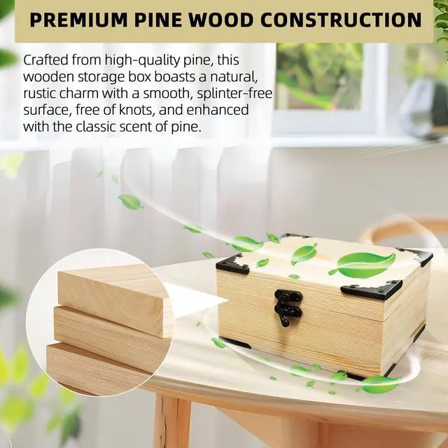 Alt view image 4 of 6 - 6.7"x5.1"x3.1" Unfinished Unpainted Wooden Box with Hinged Lid for Crafts DIY, Storage Jewelry Plain Pine Box with 4 Pcs Retro Style Decorative Corner Protectors