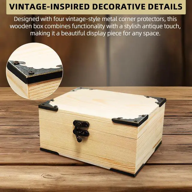 Alt view image 6 of 6 - 6.7"x5.1"x3.1" Unfinished Unpainted Wooden Box with Hinged Lid for Crafts DIY, Storage Jewelry Plain Pine Box with 4 Pcs Retro Style Decorative Corner Protectors