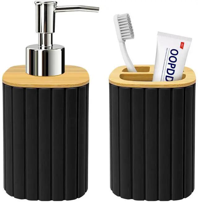 Main image of Plastic Bathroom Accessories Set, 2 PCS Bamboo Bathroom Sets Accessories, Soap Dispenser and Toothbrush Holder Set, Bathroom Set Striped (Black)
