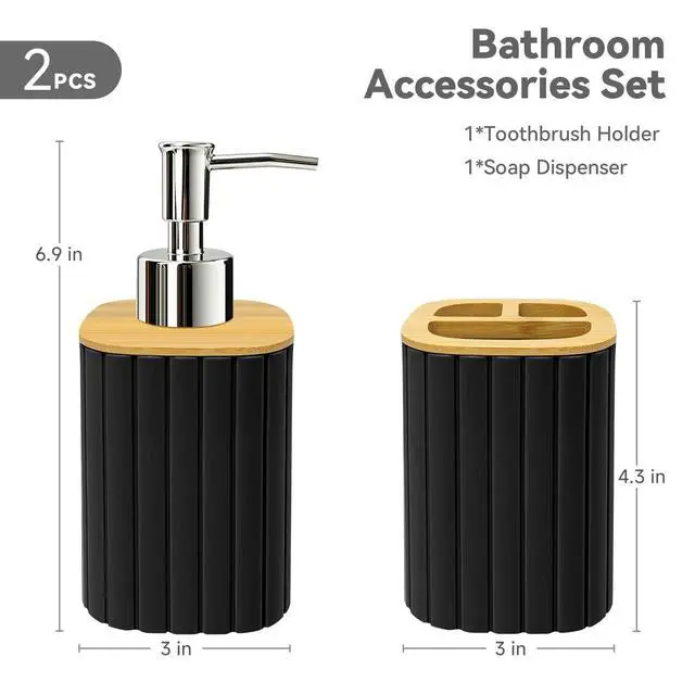Alt view image 3 of 6 - Plastic Bathroom Accessories Set, 2 PCS Bamboo Bathroom Sets Accessories, Soap Dispenser and Toothbrush Holder Set, Bathroom Set Striped (Black)