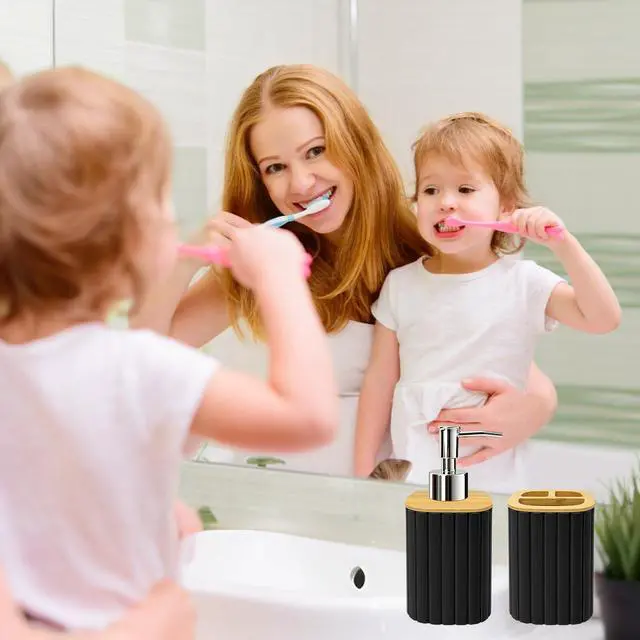 Alt view image 2 of 6 - Plastic Bathroom Accessories Set, 2 PCS Bamboo Bathroom Sets Accessories, Soap Dispenser and Toothbrush Holder Set, Bathroom Set Striped (Black)