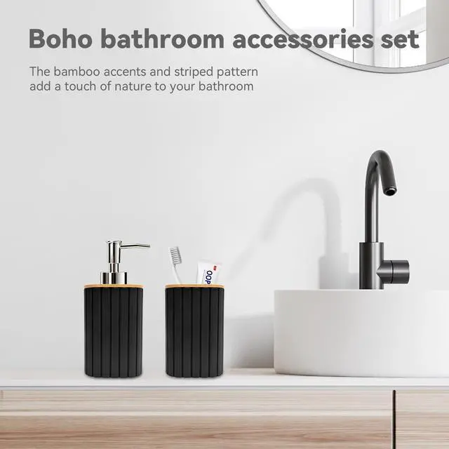 Alt view image 6 of 6 - Plastic Bathroom Accessories Set, 2 PCS Bamboo Bathroom Sets Accessories, Soap Dispenser and Toothbrush Holder Set, Bathroom Set Striped (Black)
