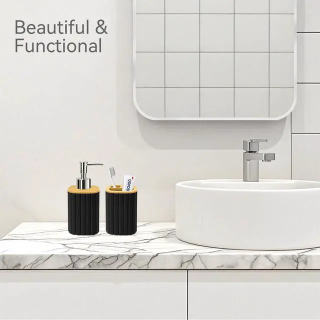 Alt view image 4 of 6 - Plastic Bathroom Accessories Set, 2 PCS Bamboo Bathroom Sets Accessories, Soap Dispenser and Toothbrush Holder Set, Bathroom Set Striped (Black)