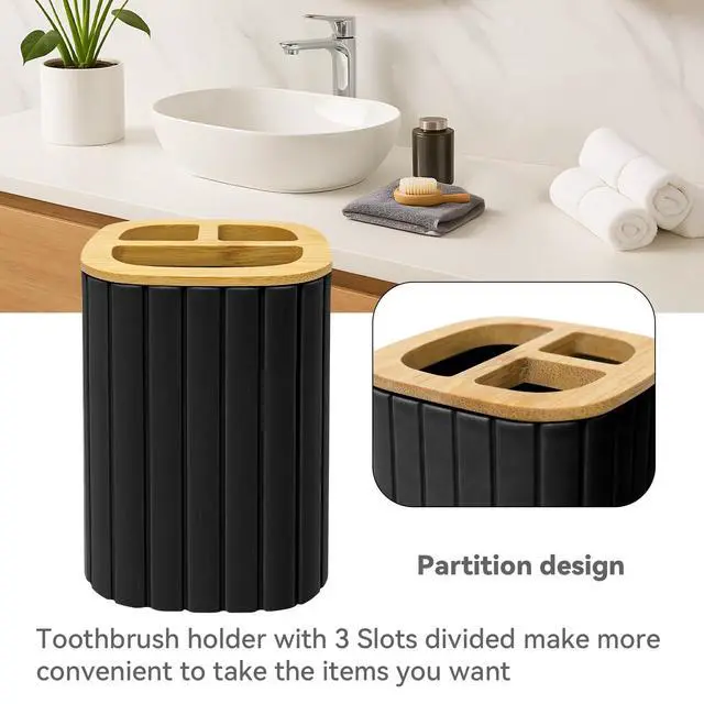 Alt view image 5 of 6 - Plastic Bathroom Accessories Set, 2 PCS Bamboo Bathroom Sets Accessories, Soap Dispenser and Toothbrush Holder Set, Bathroom Set Striped (Black)