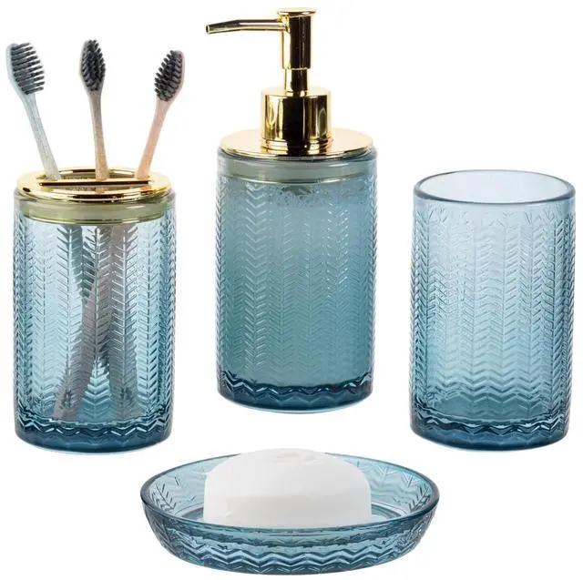 Main image of 4 Pcs Glass Bathroom Accessories Set with Toothbrush Holder, Soap Dish, Pump Dispenser, Tumbler Cup, Blue Bathroom Decor, Modern Embossed Chevron Design