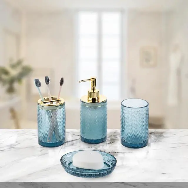 Alt view image 3 of 7 - 4 Pcs Glass Bathroom Accessories Set with Toothbrush Holder, Soap Dish, Pump Dispenser, Tumbler Cup, Blue Bathroom Decor, Modern Embossed Chevron Design