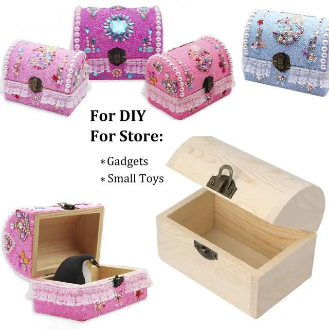 Alt view image 4 of 7 - Plain Unfinished Wood Box, Unpainted Wooden Jewelry Box DIY Craft Storage Treasure Chest Toy Case