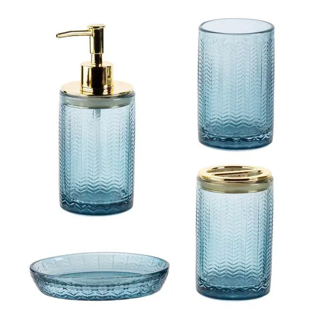 Alt view image 4 of 7 - 4 Pcs Glass Bathroom Accessories Set with Toothbrush Holder, Soap Dish, Pump Dispenser, Tumbler Cup, Blue Bathroom Decor, Modern Embossed Chevron Design