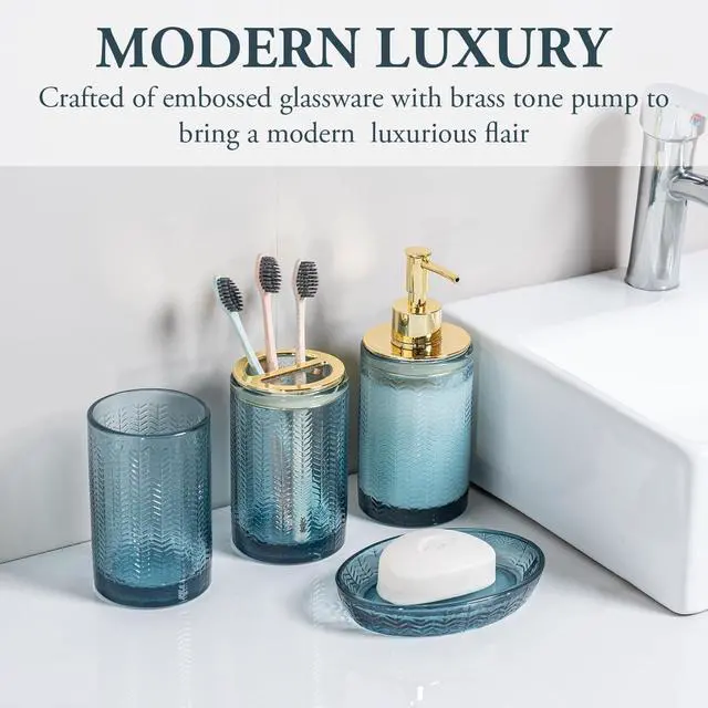 Alt view image 2 of 7 - 4 Pcs Glass Bathroom Accessories Set with Toothbrush Holder, Soap Dish, Pump Dispenser, Tumbler Cup, Blue Bathroom Decor, Modern Embossed Chevron Design