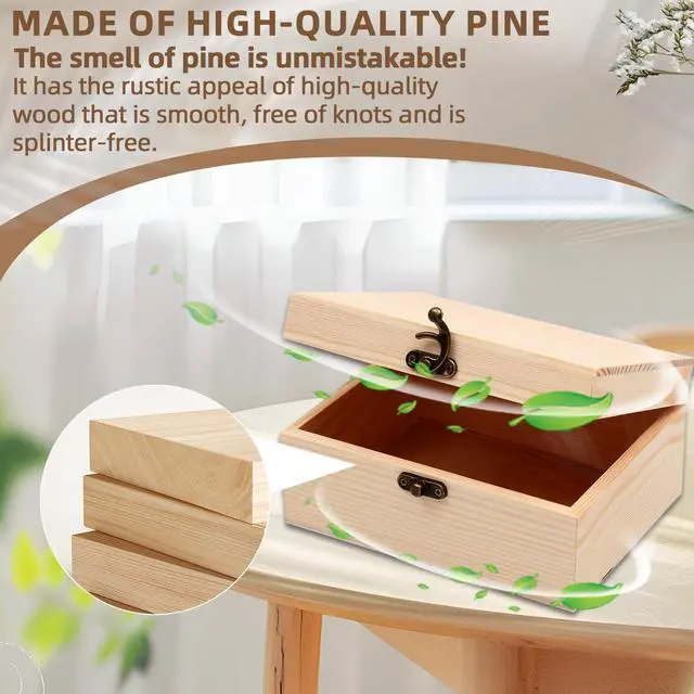 Alt view image 4 of 7 - (1-Pack Unfinished Unpainted Wooden Box with Hinged Lid for Crafts DIY Storage Jewelry Plain Pine Box - Small 6.7"x5.1"x3.1"