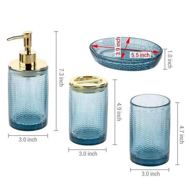 Alt view image 5 of 7 - 4 Pcs Glass Bathroom Accessories Set with Toothbrush Holder, Soap Dish, Pump Dispenser, Tumbler Cup, Blue Bathroom Decor, Modern Embossed Chevron Design