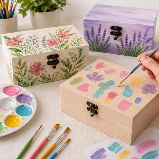 Alt view image 2 of 6 - Small Unfinished Wood Box with Lid 1 Pack - 6.69 x 5.12 x 2.95 Unpainted Pine Wooden Box for Crafts, Jewelry, DIY Painting, Gift Packaging - Lightweight and Warp-Resistant