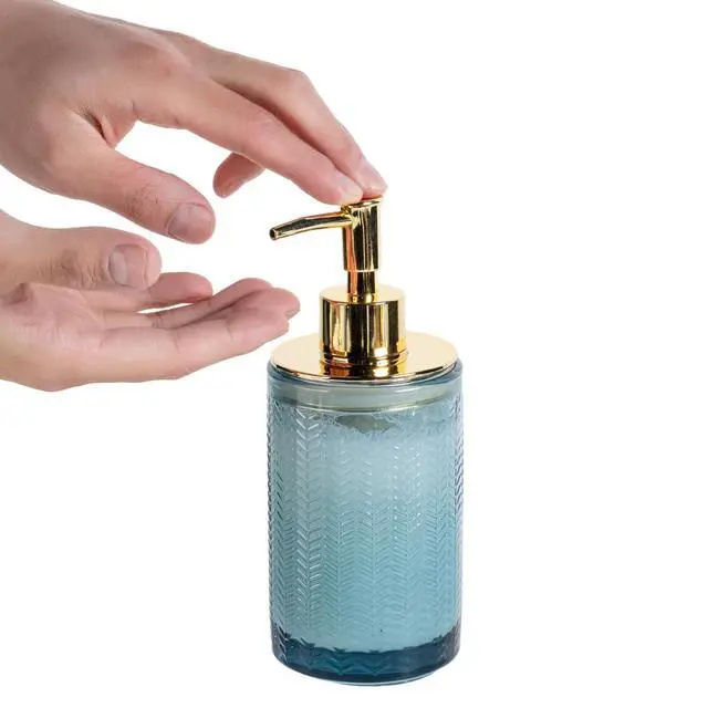 Alt view image 6 of 7 - 4 Pcs Glass Bathroom Accessories Set with Toothbrush Holder, Soap Dish, Pump Dispenser, Tumbler Cup, Blue Bathroom Decor, Modern Embossed Chevron Design