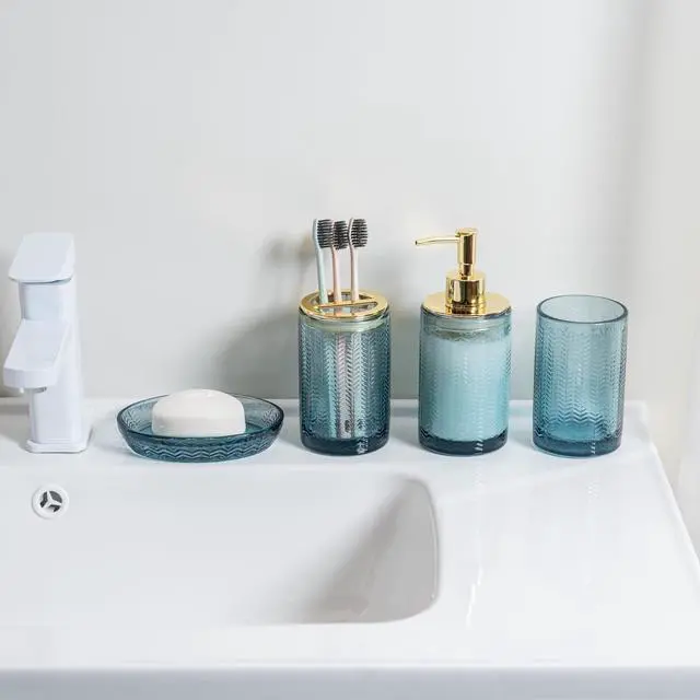 Alt view image 7 of 7 - 4 Pcs Glass Bathroom Accessories Set with Toothbrush Holder, Soap Dish, Pump Dispenser, Tumbler Cup, Blue Bathroom Decor, Modern Embossed Chevron Design