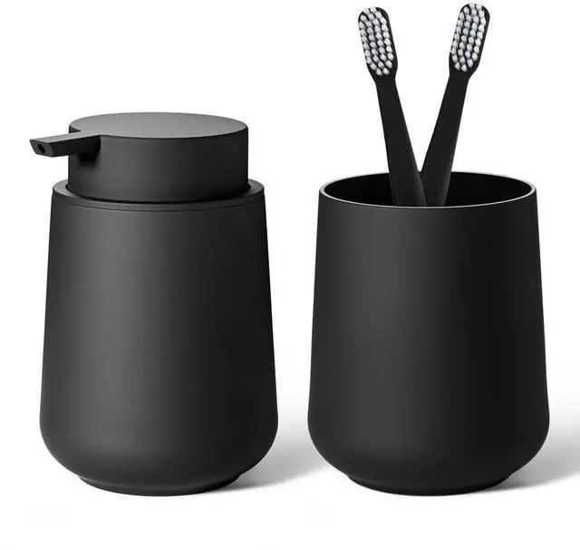 Main image of Matte Black Bathroom Accessories Set Plastic Hand Soap Dispenser and Toothbrush Holders 2 Piece