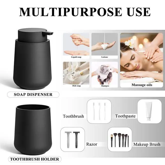Alt view image 3 of 6 - Matte Black Bathroom Accessories Set Plastic Hand Soap Dispenser and Toothbrush Holders 2 Piece