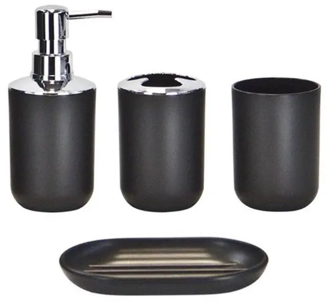 Main image of 4pcs Bathroom Accessories Set, Toothbrush Holder Tooth Mug Soap Dish Liquid Bottle Bathroom Set Shower Countertop Vanity Organizer(Black)