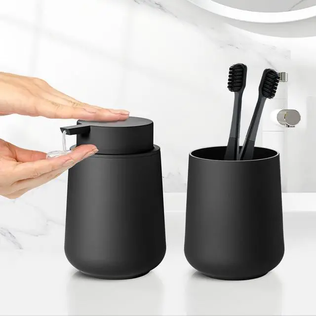 Alt view image 4 of 6 - Matte Black Bathroom Accessories Set Plastic Hand Soap Dispenser and Toothbrush Holders 2 Piece