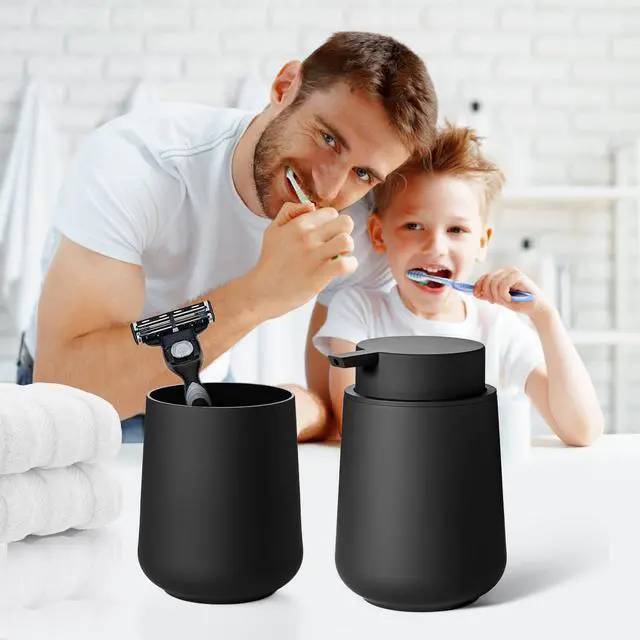 Alt view image 2 of 6 - Matte Black Bathroom Accessories Set Plastic Hand Soap Dispenser and Toothbrush Holders 2 Piece