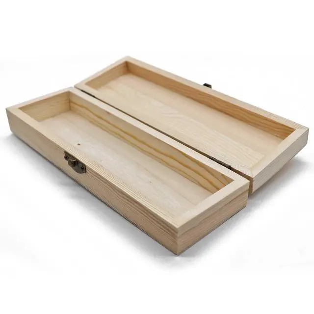 Alt view image 3 of 6 - Plain Unfinished Wood Pencil Box, Unpainted Rectangle DIY Artist Tool and Brush Storage Box Case with Locking Clasp, Small