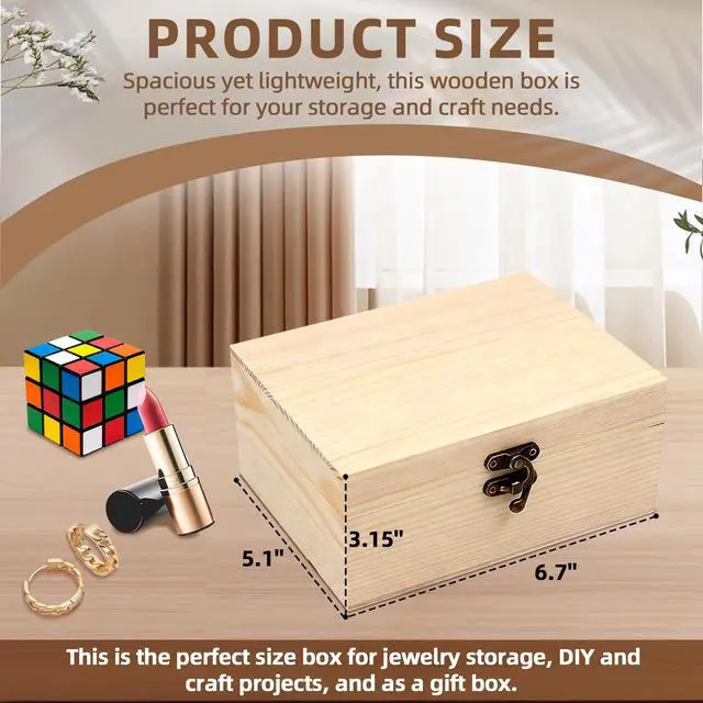 Alt view image 2 of 7 - (1-Pack Unfinished Unpainted Wooden Box with Hinged Lid for Crafts DIY Storage Jewelry Plain Pine Box - Small 6.7"x5.1"x3.1"