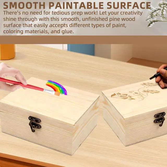 Alt view image 5 of 7 - (1-Pack Unfinished Unpainted Wooden Box with Hinged Lid for Crafts DIY Storage Jewelry Plain Pine Box - Small 6.7"x5.1"x3.1"
