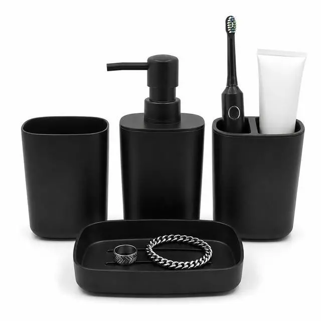 Main image of Matte Black Bathroom Decor Set 4-Piece Modern Bathroom Accessories Set with Soap Dispenser, Toothbrush Holder, Rinse Cup & Soap Dish. Stylish Countertop Organizer for Home Bathroom Decor