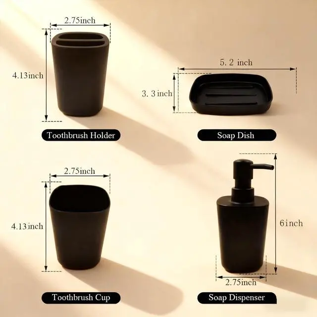 Alt view image 2 of 6 - Matte Black Bathroom Decor Set 4-Piece Modern Bathroom Accessories Set with Soap Dispenser, Toothbrush Holder, Rinse Cup & Soap Dish. Stylish Countertop Organizer for Home Bathroom Decor