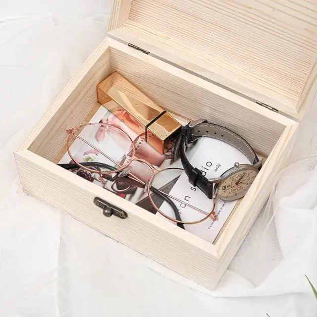 Alt view image 7 of 7 - (1-Pack Unfinished Unpainted Wooden Box with Hinged Lid for Crafts DIY Storage Jewelry Plain Pine Box - Small 6.7"x5.1"x3.1"