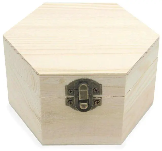 Main image of Plain Unfinished Box, Hexagon Unpainted Wooden Jewelry Box DIY Storage Chest Treasure Case (Side Length 2.5" * Height 2.7")