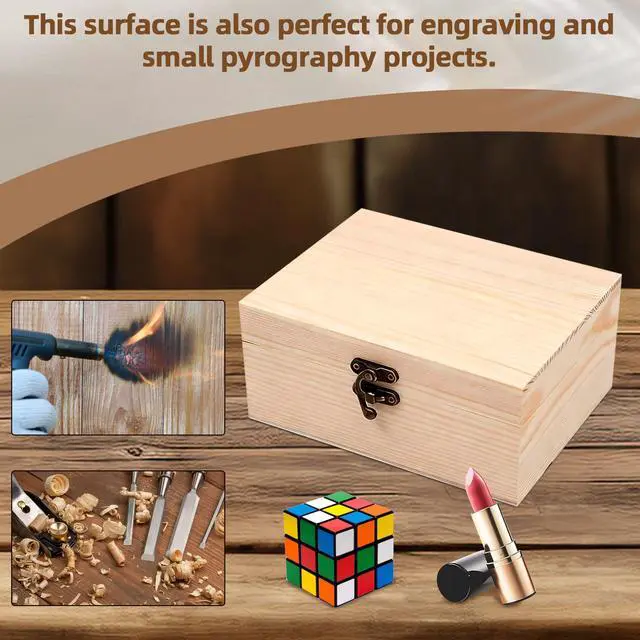 Alt view image 6 of 7 - (1-Pack Unfinished Unpainted Wooden Box with Hinged Lid for Crafts DIY Storage Jewelry Plain Pine Box - Small 6.7"x5.1"x3.1"