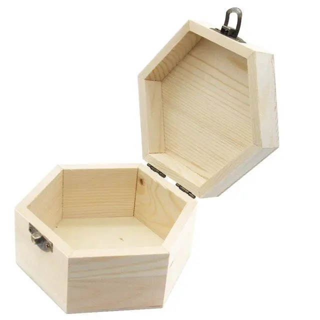 Alt view image 4 of 7 - Plain Unfinished Box, Hexagon Unpainted Wooden Jewelry Box DIY Storage Chest Treasure Case (Side Length 2.5" * Height 2.7")