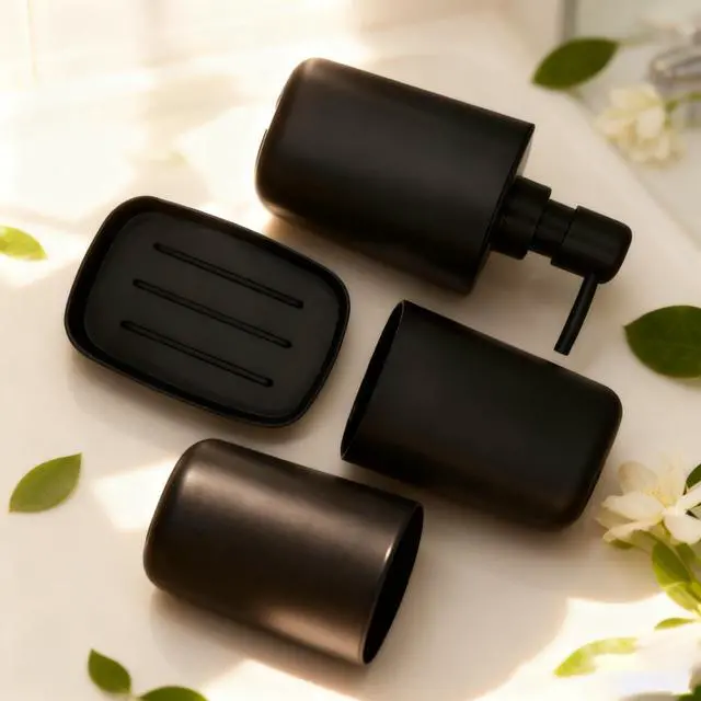 Alt view image 5 of 6 - Matte Black Bathroom Decor Set 4-Piece Modern Bathroom Accessories Set with Soap Dispenser, Toothbrush Holder, Rinse Cup & Soap Dish. Stylish Countertop Organizer for Home Bathroom Decor