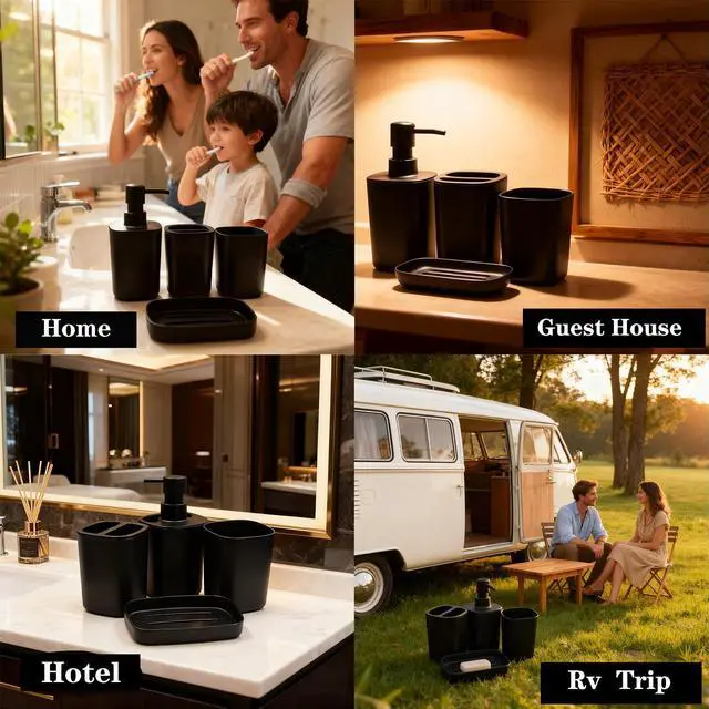 Alt view image 6 of 6 - Matte Black Bathroom Decor Set 4-Piece Modern Bathroom Accessories Set with Soap Dispenser, Toothbrush Holder, Rinse Cup & Soap Dish. Stylish Countertop Organizer for Home Bathroom Decor