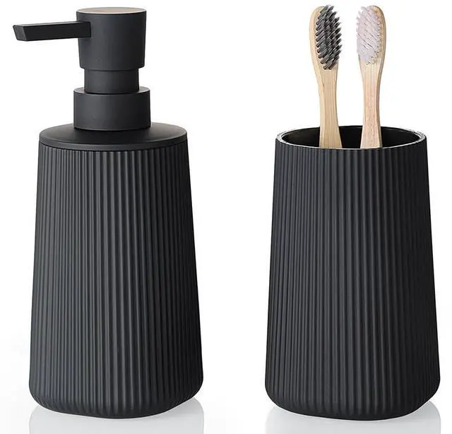 Main image of Bathroom Accessories Set 2 Piece Soap Dispenser and Toothbrush Holder for Bathroom Countertop Striped Black