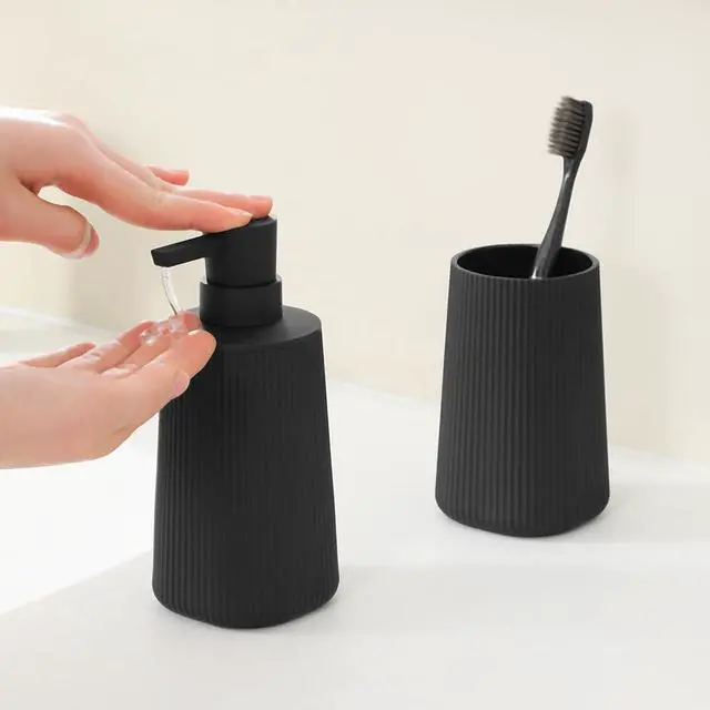 Alt view image 2 of 6 - Bathroom Accessories Set 2 Piece Soap Dispenser and Toothbrush Holder for Bathroom Countertop Striped Black