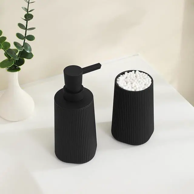 Alt view image 3 of 6 - Bathroom Accessories Set 2 Piece Soap Dispenser and Toothbrush Holder for Bathroom Countertop Striped Black