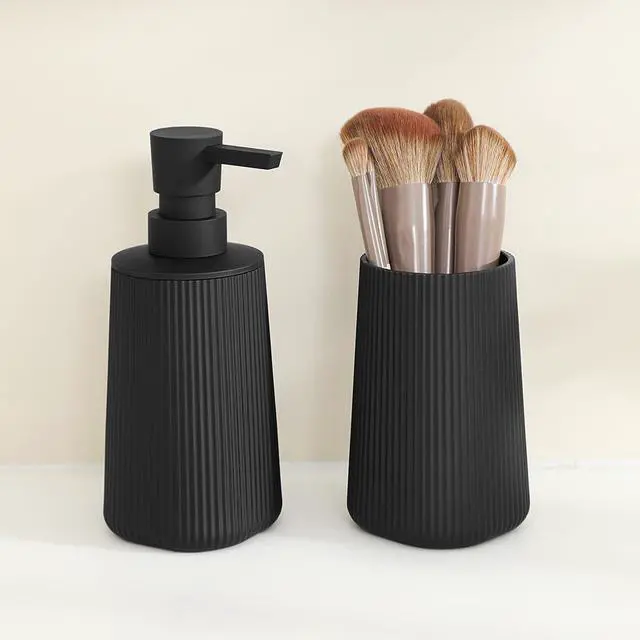 Alt view image 4 of 6 - Bathroom Accessories Set 2 Piece Soap Dispenser and Toothbrush Holder for Bathroom Countertop Striped Black