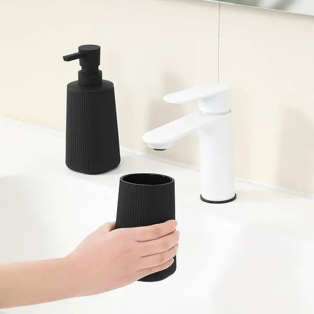Alt view image 5 of 6 - Bathroom Accessories Set 2 Piece Soap Dispenser and Toothbrush Holder for Bathroom Countertop Striped Black