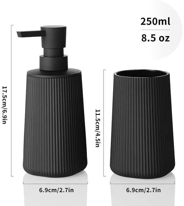 Alt view image 6 of 6 - Bathroom Accessories Set 2 Piece Soap Dispenser and Toothbrush Holder for Bathroom Countertop Striped Black