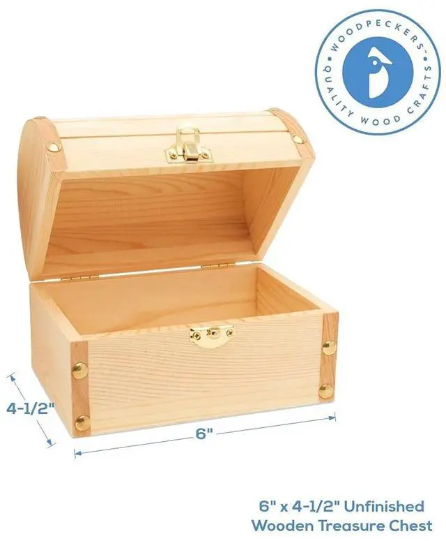 Alt view image 2 of 7 - 6 inch Wooden Treasure Chest Box, Wooden Box with Hinged Lid, Wooden Boxes for Crafts/Wedding Treasure Decor